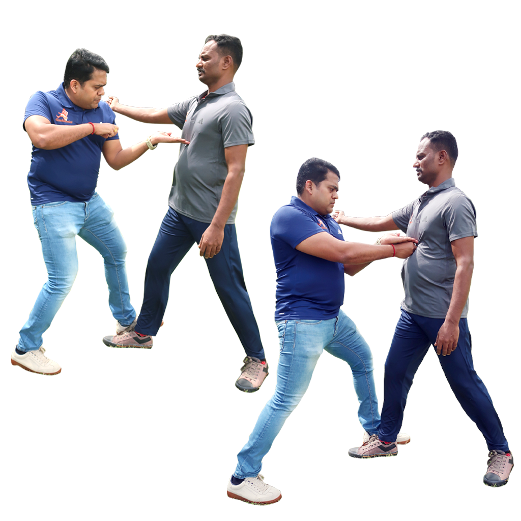 A martial artist performing a Varma Adi strike in traditional attire, showcasing power and precision in a clean studio setting.